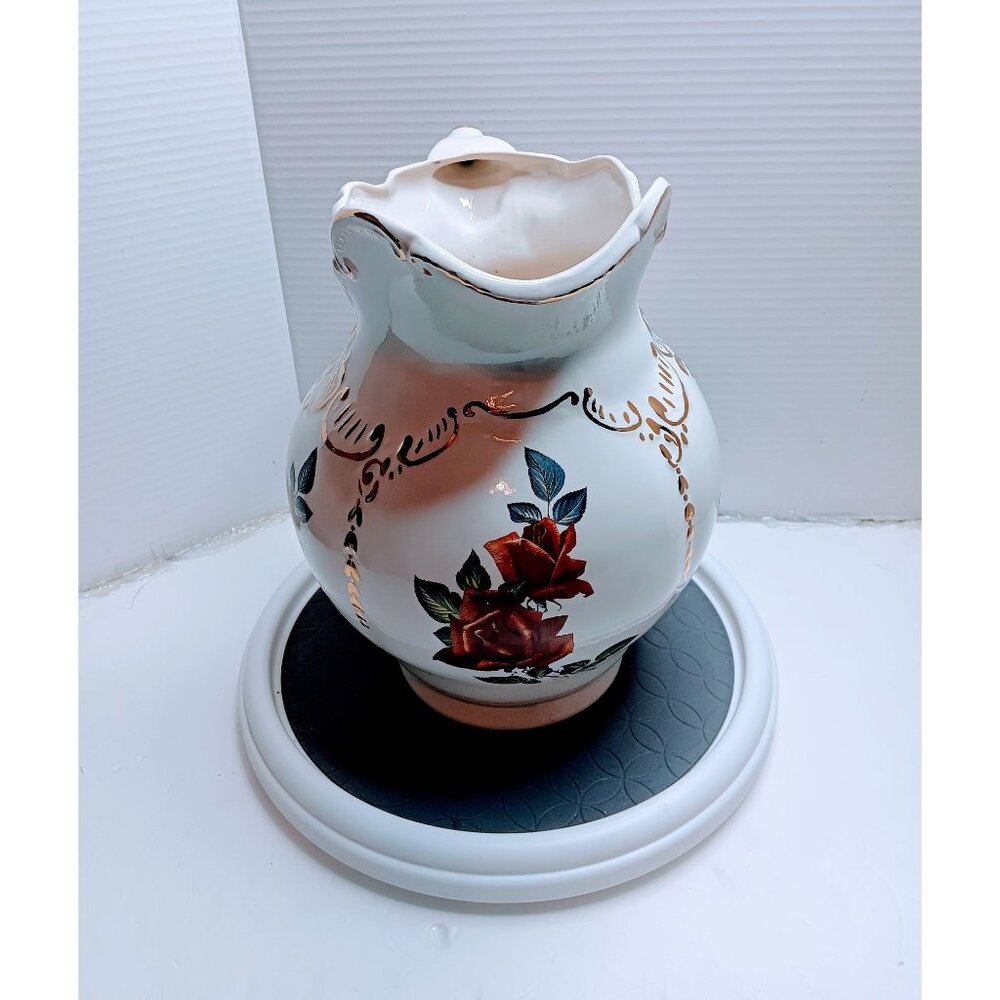 Vintage White Ceramic Pitcher With Red Rose & Gold Detailing 10" Tall